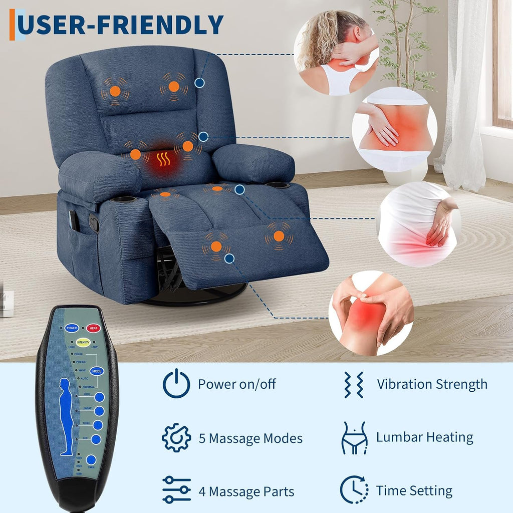 Rocker Recliner Chair with Heat and Massage,Nursery Recliner 360° Swivel Oversized Chairs for Adults,Chenille Lazy Boy Single Sofa Seat with 3 Positions,Side Pockets,2 Cup Holders for Living Room,Blue