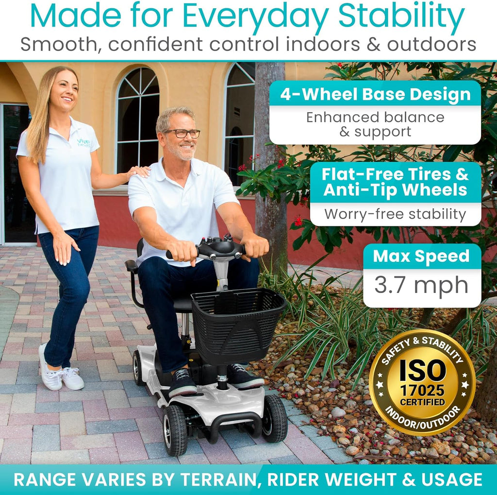 Vive 4 Wheel Mobility Scooter - Electric Powered Wheelchair Device - Compact Heavy Duty Mobile for Travel, Adults, Elderly - Long Range Power Extended Battery with Charger & Basket