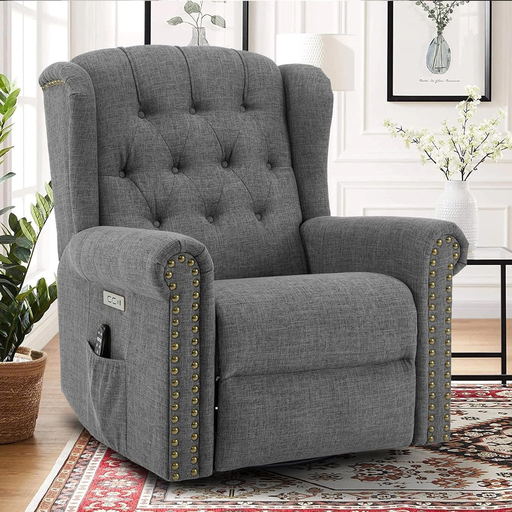 Power Swivel Rocking Glider Recliner Chair with Massage and Heat, Electric Nursery Glider Rocker for Living Room, Wingback Tufted Upholstered Recliner Chair with Type-C & USB Ports, Grey