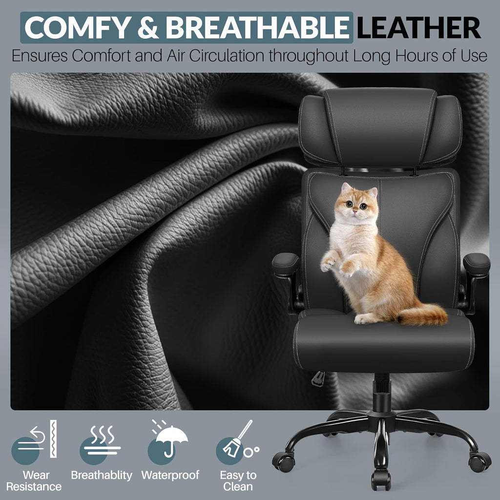 Office Chair, Ergonomic Big and Tall Computer Desk Chair with Retractable Adjustable Headrest, Executive Breathable Leather Chair, Lumbar Support Swivel PC Chair with Flip-up Armrests Rocking Function