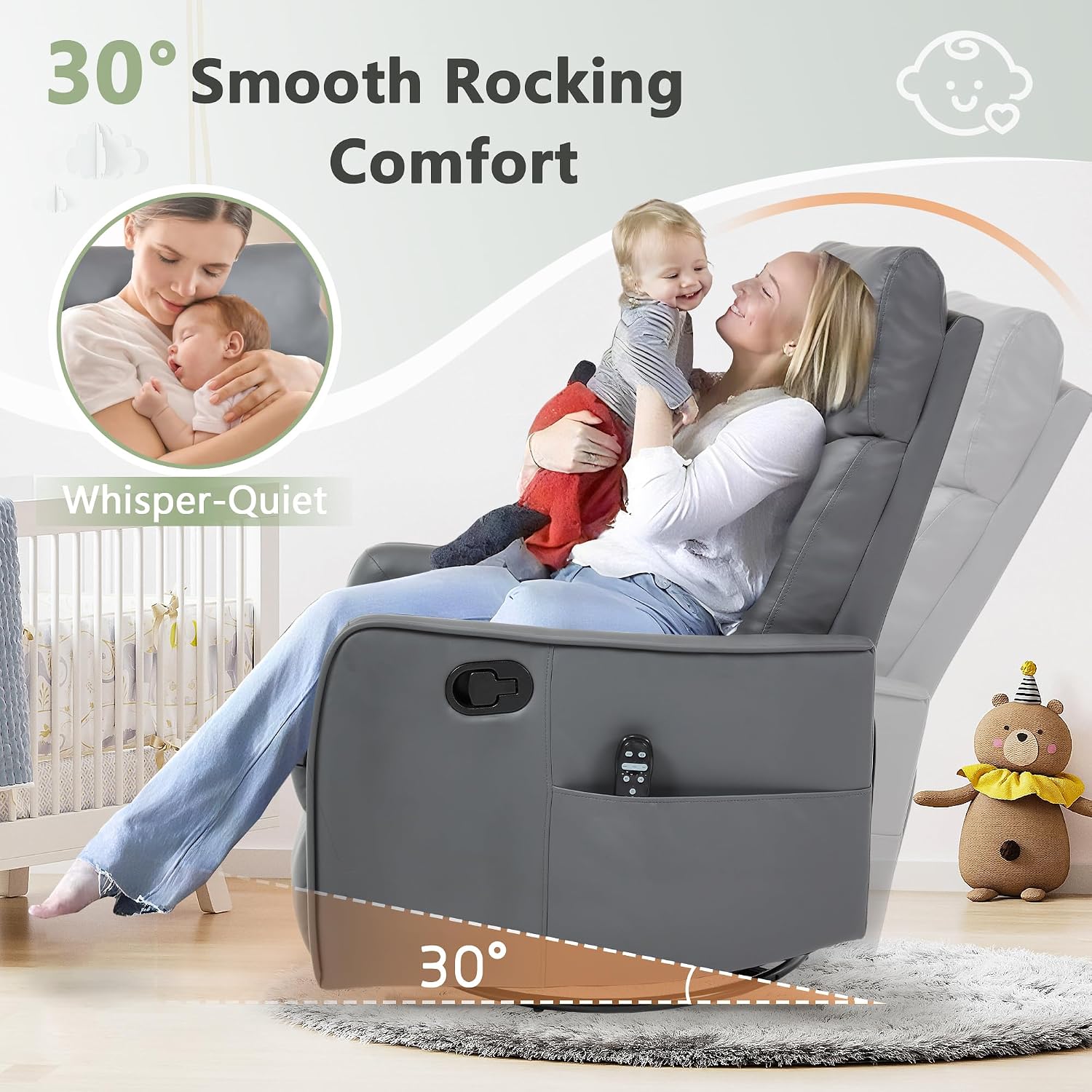 cinkehome Heated Massage Swivel Rocker Recliner Chair for Nursery - Small Space Reclining Chair with Lumbar Support, 360° Swivel & Gentle Rocking, Ergonomic High Back Faux Leather Gray