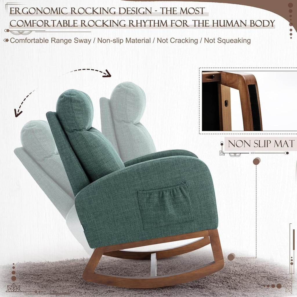 Upholstered Rocking Chair for Nursery, Accent Glider Rocker with Side Pocket, Comfy Armchair with Tall Backrest and Double Layer Cushion, Baby Nursery Glider for Living Room, Bedroom (Emerald Green)