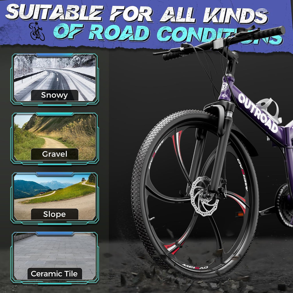 26 Inch Adult Folding Bikes/Mountain Bikes, 21 Speeds Mountain Bicycles with Full Suspension, Dual Disc Brake, High Carbon Steel Frame, Foldable Bike for Men/Women/Teen, Multiple Colors