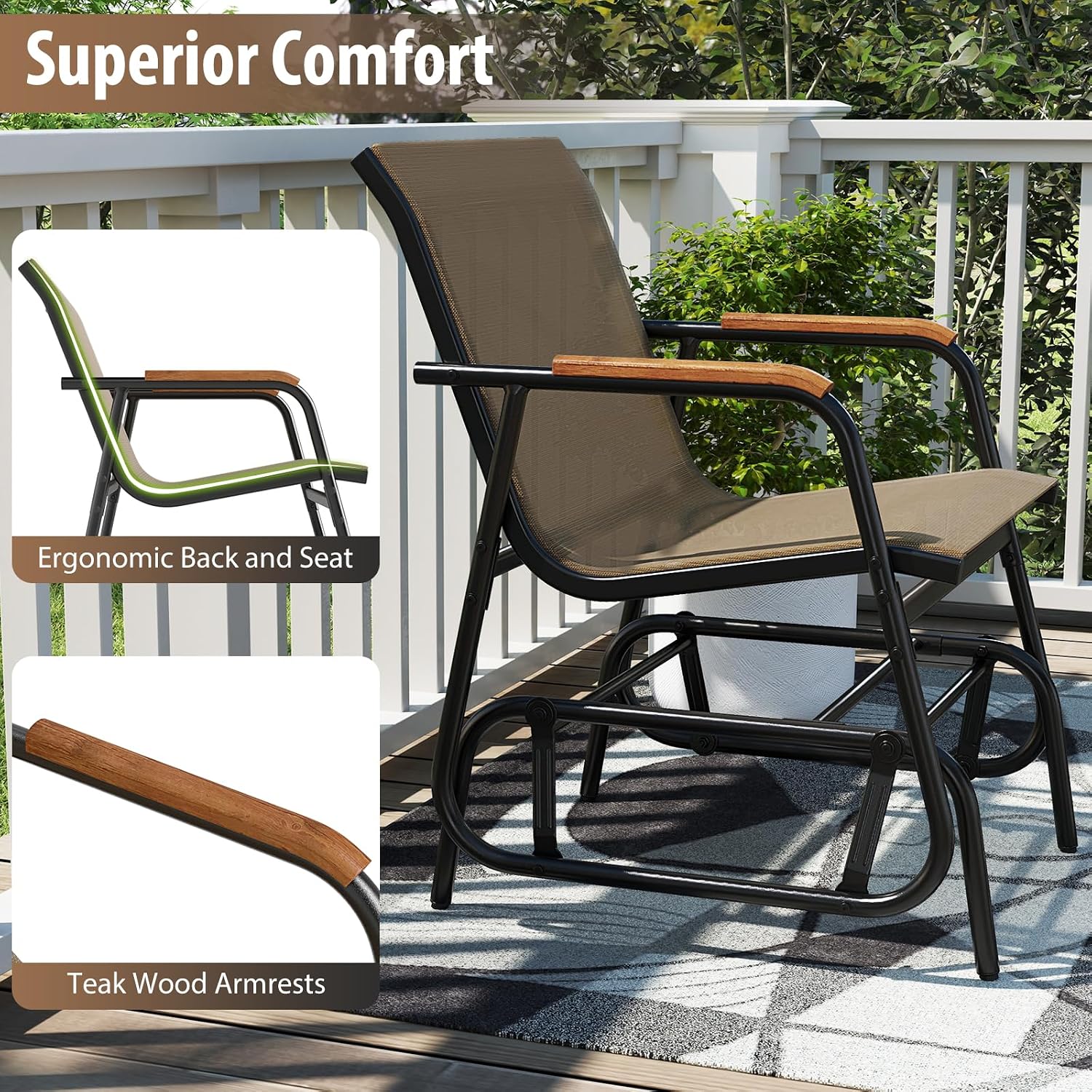 Giantex 3-Piece Outdoor Glider Set, 2-Pack Rocking Chairs with Small Tempered Glass Coffee Table, Metal Frame, Porch Rocker, Patio Bistro Set for Outside, Garden, Backyard, Balcony, Brown