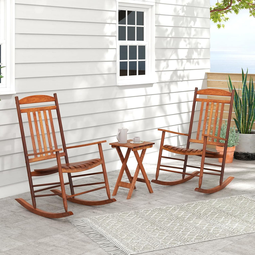 Tangkula 3-Piece Outdoor Poplar Wood Rocking Bistro Set, High Back Front Porch Rocker Chairs Conversation Set with Folding Coffee Table and Armrests, Outdoor Patio Furniture Set for Balcony Backyard