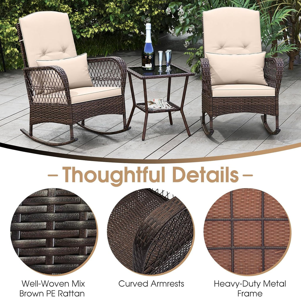 Tangkula 3 Piece Patio Rocker Set, Patiojoy Outdoor Wicker Rocking Chairs w/Double-Layer Coffee Table, Rattan Rocker Chair Set w/Seat Back Cushions & Pillows, for Porch, Backyard, Poolside (Beige)