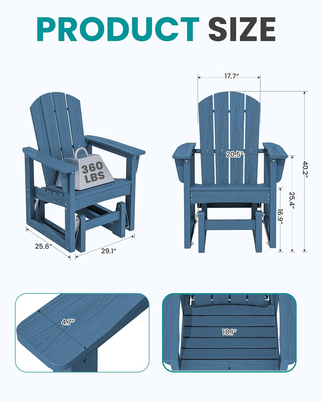 SERWALL Outdoor Glider Chair, HDPE Patio Glider Rocker All-Weather Porch Glider for Outside, Blue