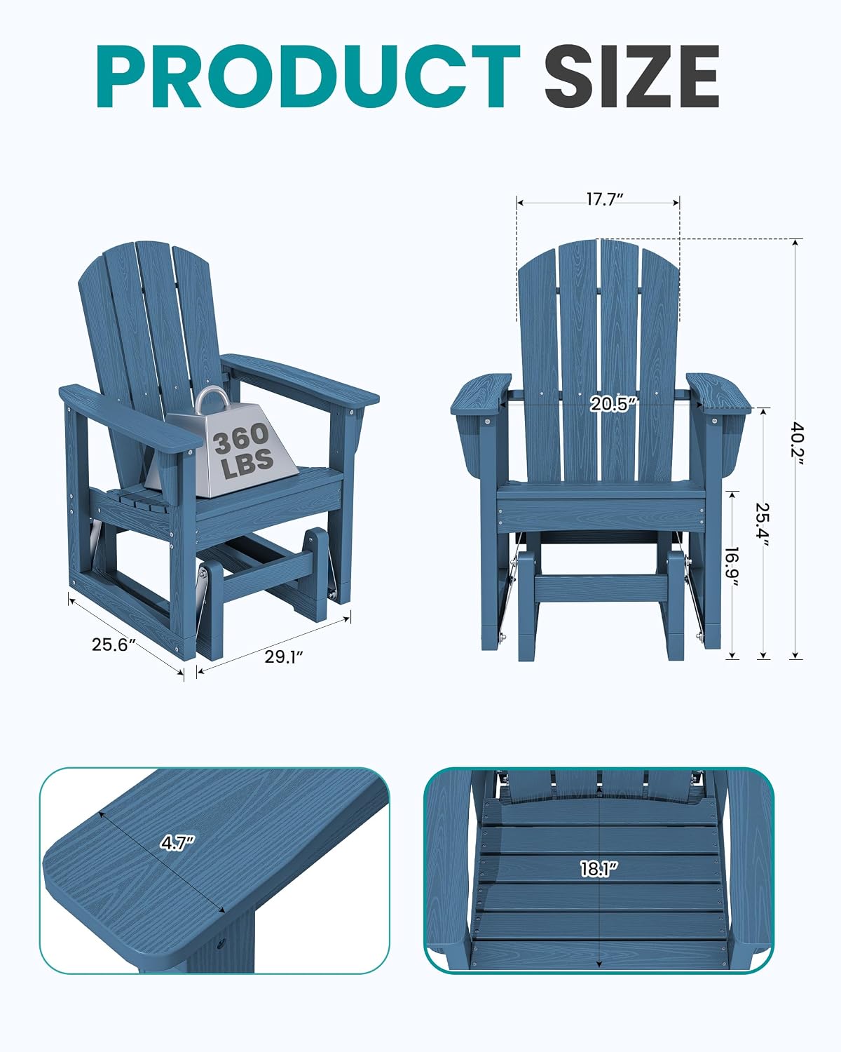 SERWALL Outdoor Glider Chair, HDPE Patio Glider Rocker All-Weather Porch Glider for Outside, Blue