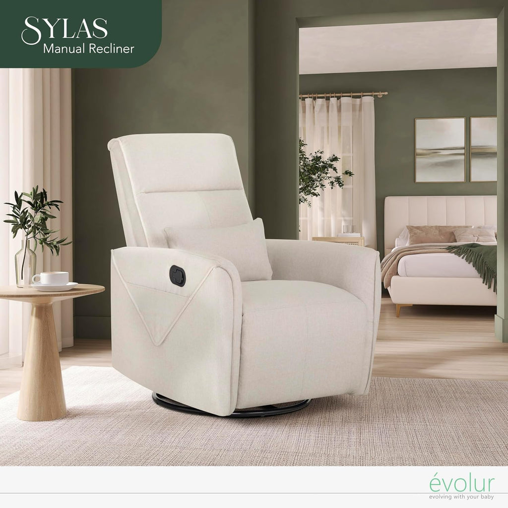 Evolur Sylas Nursery Glider Chair in Light Sand - Manual Recliner with 360° Swivel, Lumbar Support, Tufted Back & Side Pockets - Modern Rocking Chair for Baby Room, Nursery & Living Room