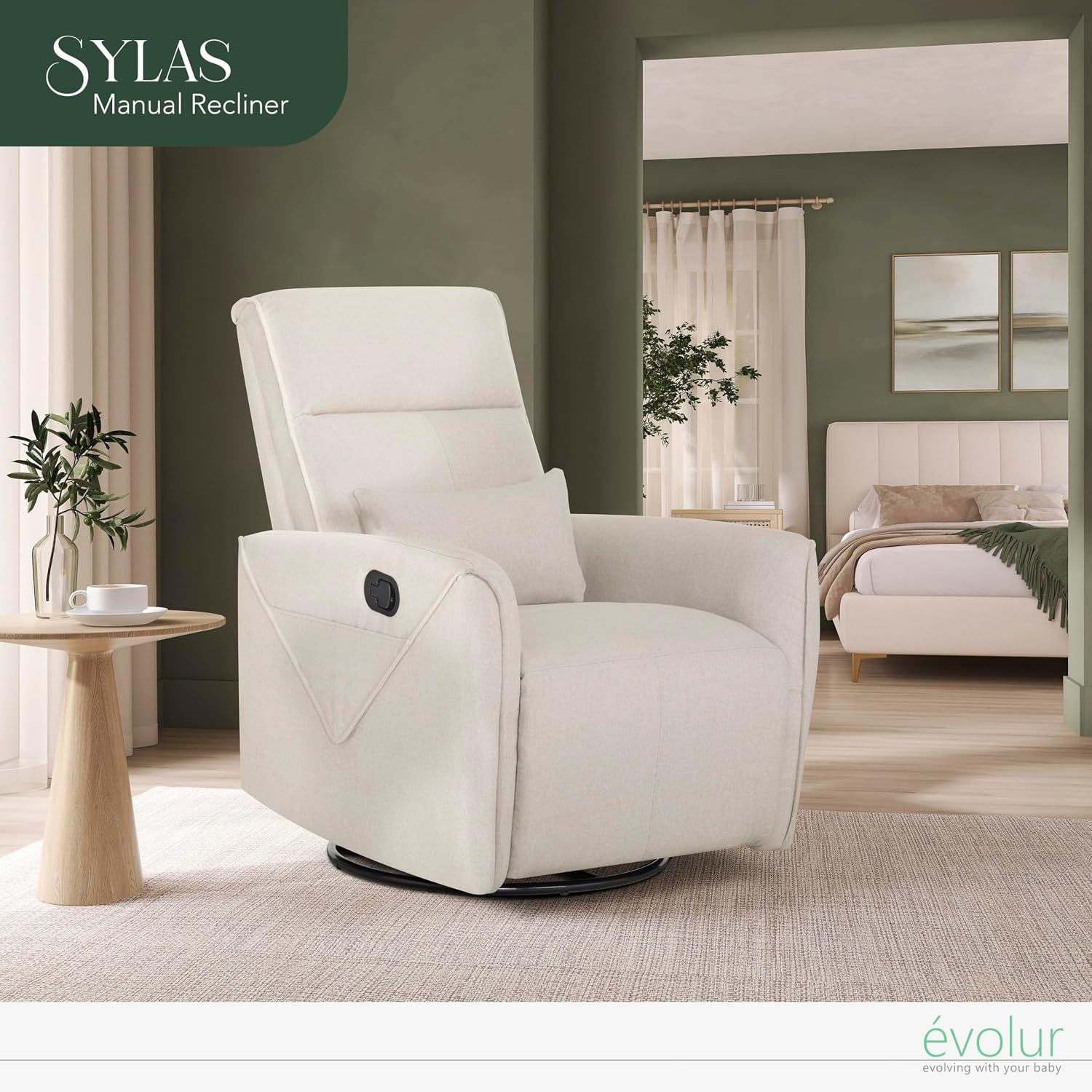 Evolur Sylas Nursery Glider Chair in Light Sand - Manual Recliner with 360° Swivel, Lumbar Support, Tufted Back & Side Pockets - Modern Rocking Chair for Baby Room, Nursery & Living Room