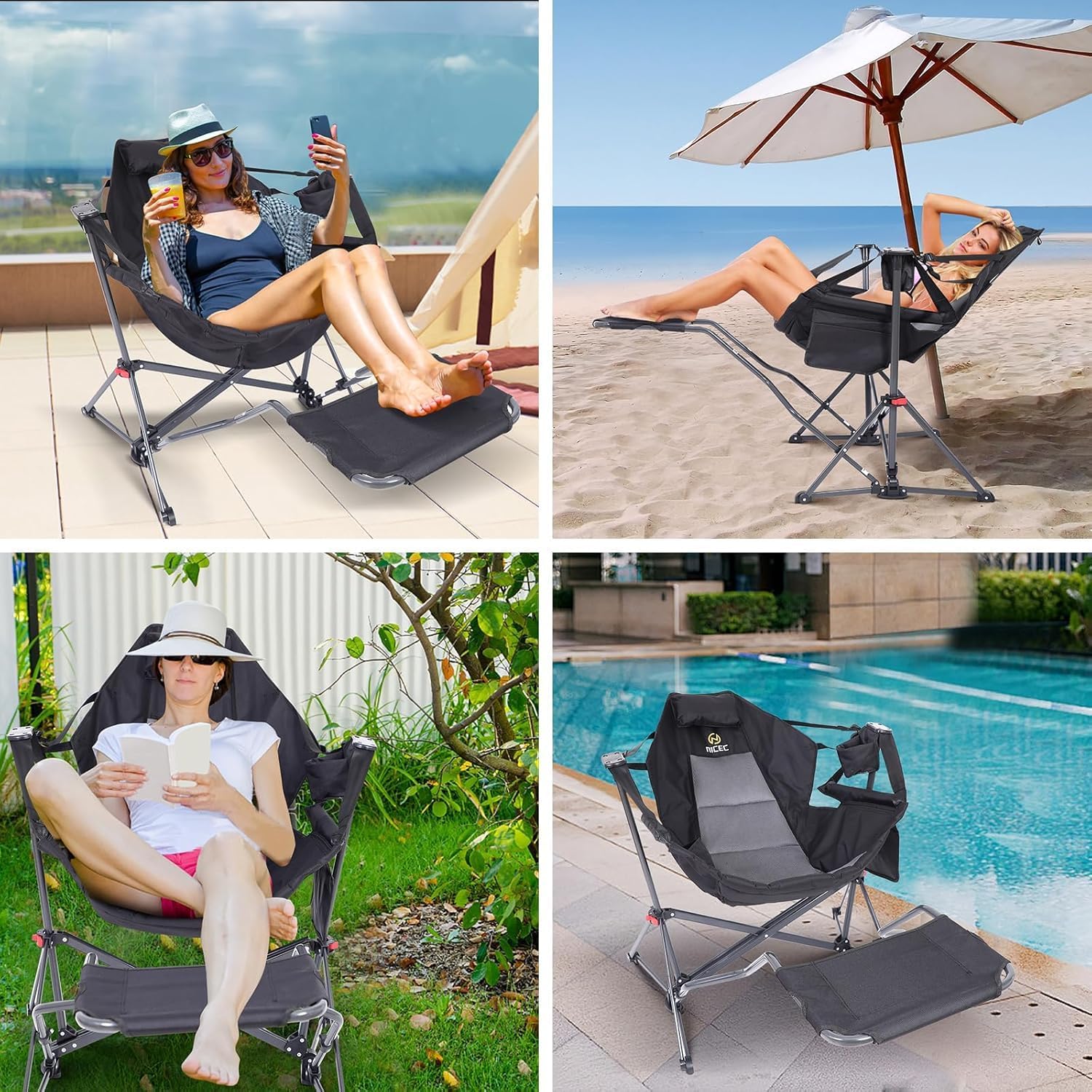 Nice C Hammock Camping Chair, Camping Chair Rocker, Swinging Chair, High Back with Stand, Cup Holder, Side Pocket, Heavy Duty (2, Black w/footrest)