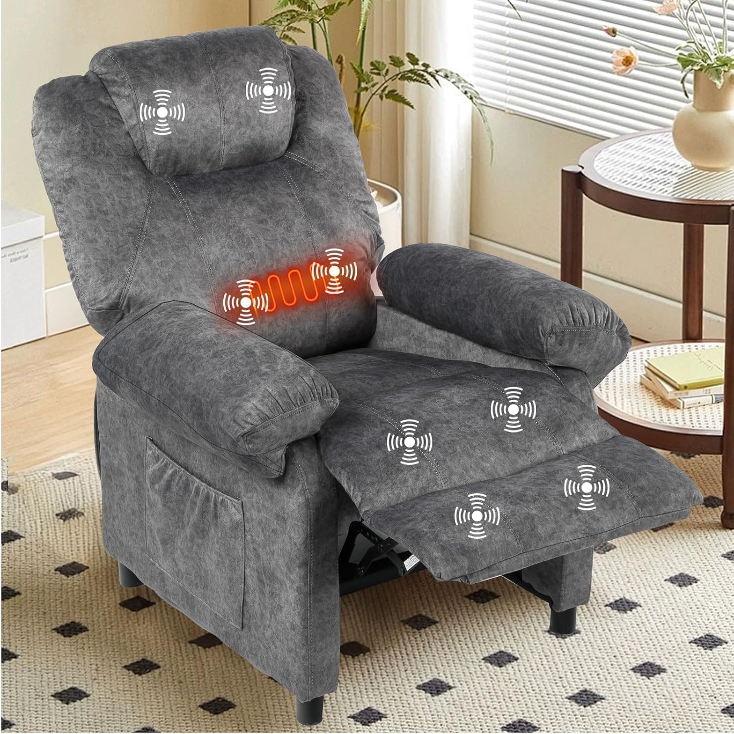 Pushback Massage Recliner Chairs with Heat for Adult, Fabric Reclining Chair, Small Manual Recliner Chair for Small Places, Home Theater Seating Lounge Chair for Living Room, Grey