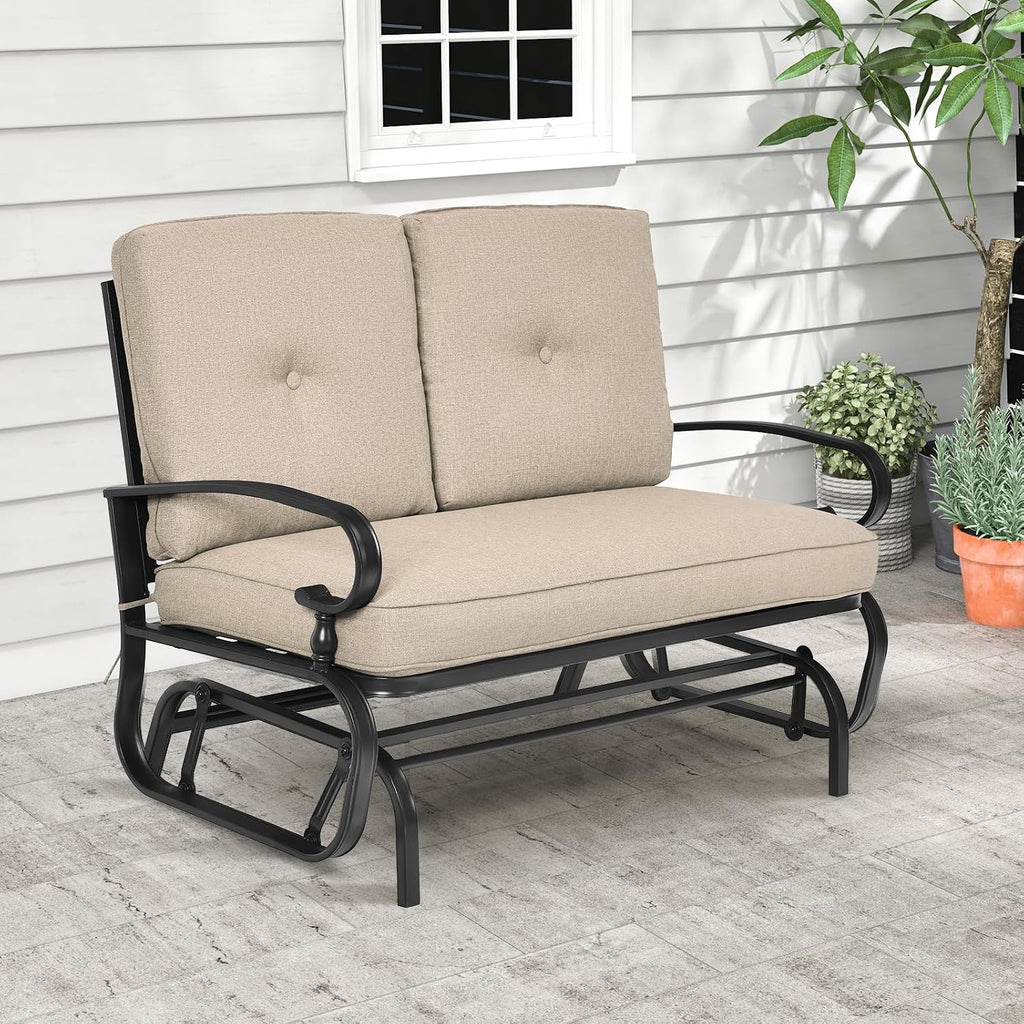 Tangkula Outdoor Swing Glider Chair, Patio Glider Bench for 2 Persons, Outdoor Rocking Loveseat with Steel Frame & Comfortable Cushions for Garden, Porch, Balcony, Poolside (Beige)