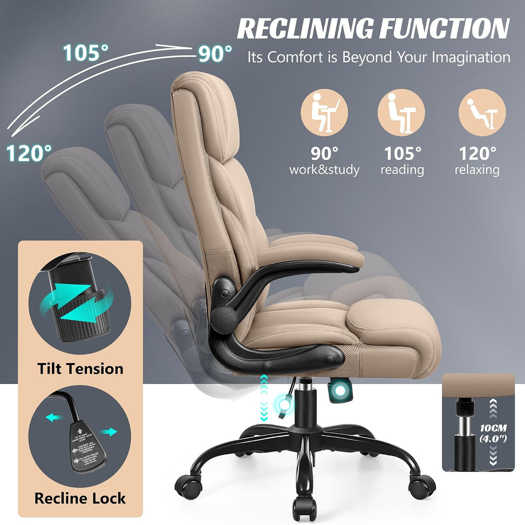 HeroSet Office Chair, Ergonomic Big and Tall Computer Desk Chairs, Executive Breathable Leather Chair with Adjustable High Back Flip-up Armrests, Lumbar Support Swivel PC Chairs with Rocking Function