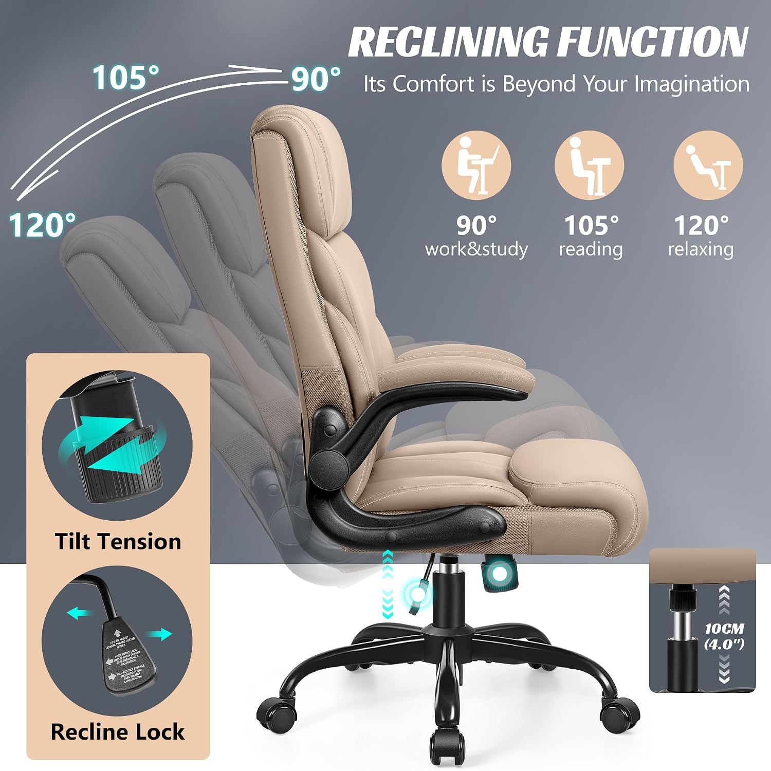 HeroSet Office Chair, Ergonomic Big and Tall Computer Desk Chairs, Executive Breathable Leather Chair with Adjustable High Back Flip-up Armrests, Lumbar Support Swivel PC Chairs with Rocking Function
