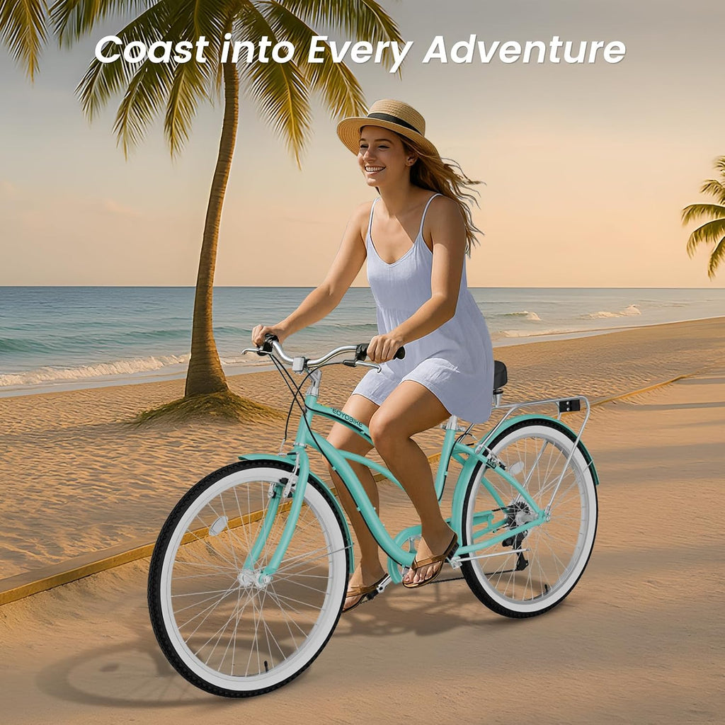 Cruiser Bike for Adults, 7-Speed Beach Cruiser Bicycle, 24/26 Inch Step-Through or High-Bar Frame, Comfort City Commuter Bike with Rear Rack, Fenders, Wide Saddle for Women & Men