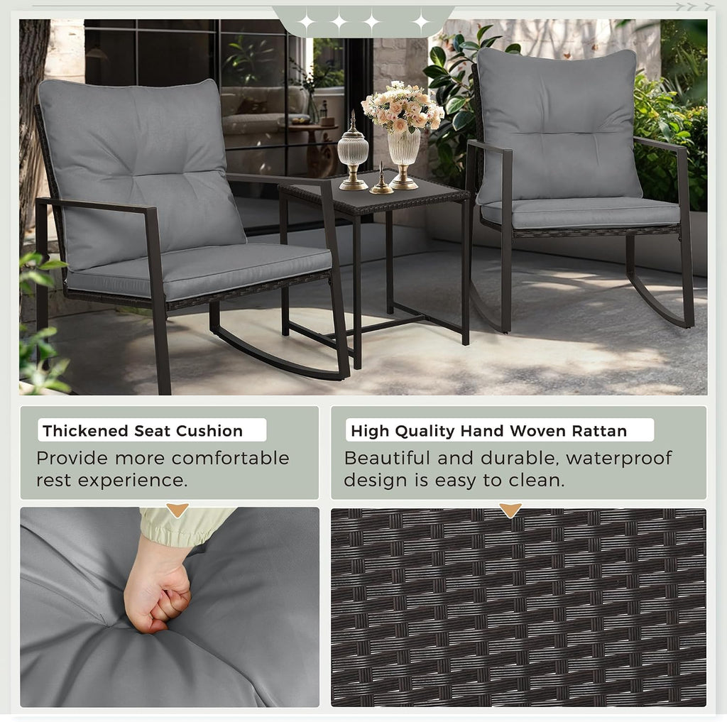 SUNCROWN 3 Piece Outdoor Rocking Bistro Set Black Wicker Furniture Porch Chairs Conversation Sets with Glass Coffee Table, Dark Grey