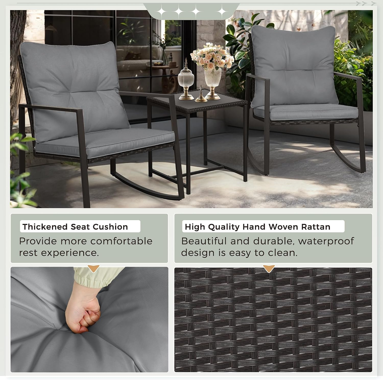 SUNCROWN 3 Piece Outdoor Rocking Bistro Set Black Wicker Furniture Porch Chairs Conversation Sets with Glass Coffee Table, Dark Grey