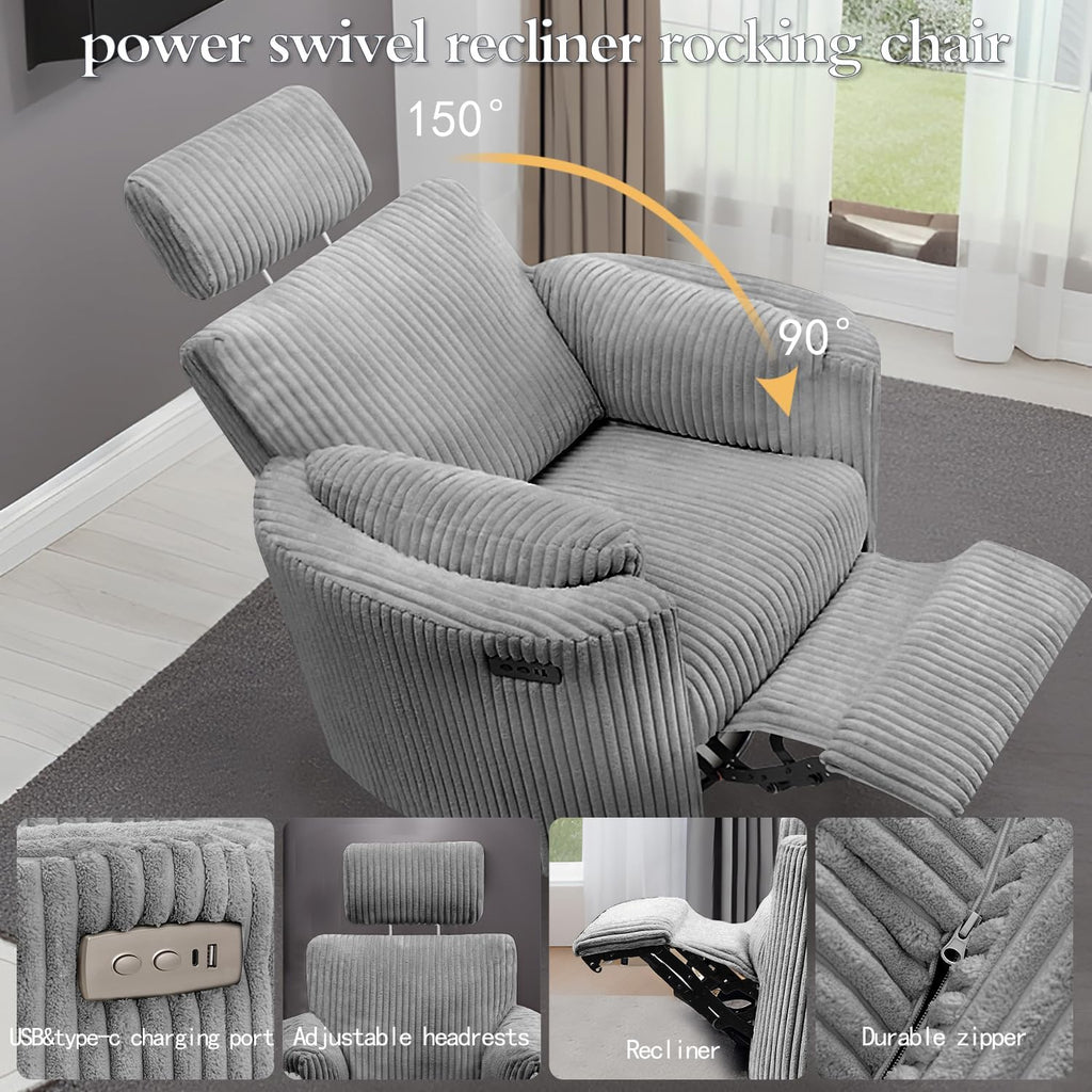 Zenosyne Power Swivel Recliner Rocking Chair Nursery Glider Rocker with Headrest, USB and Type-c Port, Corduroy Electric Reclining Sofa Chair Arm Chair for Living Room (Dark Gray)