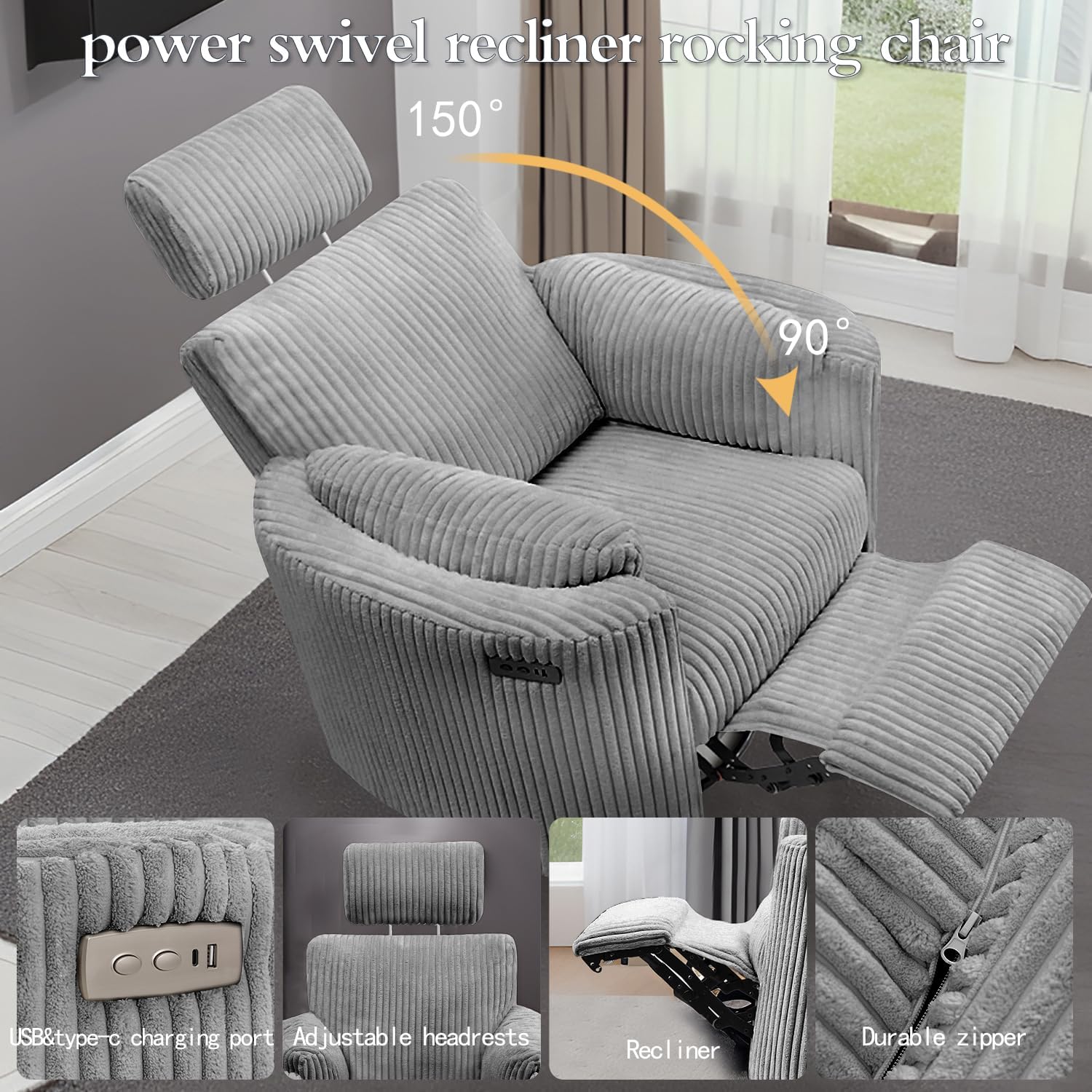 Zenosyne Power Swivel Recliner Rocking Chair Nursery Glider Rocker with Headrest, USB and Type-c Port, Corduroy Electric Reclining Sofa Chair Arm Chair for Living Room (Dark Gray)