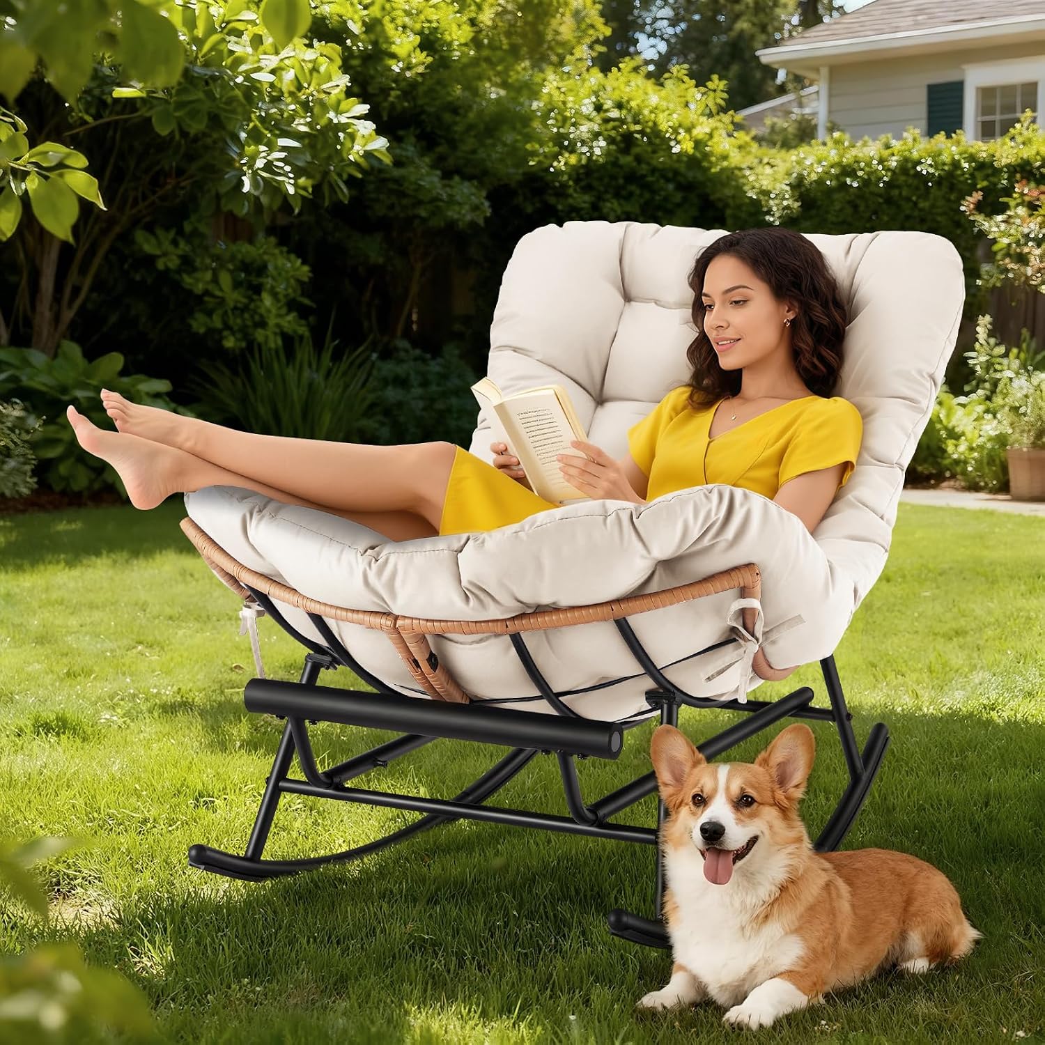 Takywep Rattan Rocking Chair with Detachable Polyester Cushion and Extendable Footrest – Papasan Chair with Cozy Seating for Porch, Lawn, Bedroom & Living Room, Beige