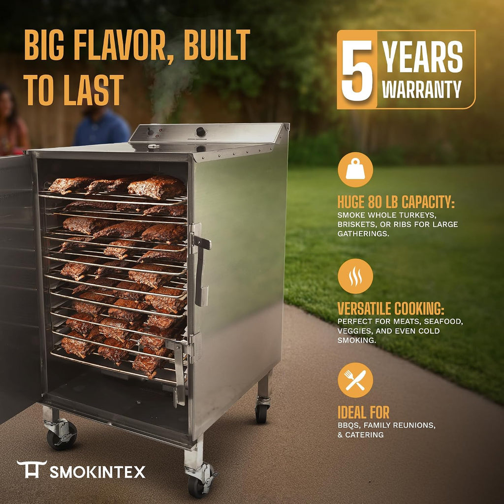 SmokinTex 'The Pitmaster' Series High-Capacity Electric Smoker – 700W Stainless Steel Meat Smoker, Temperature Control for Meat, Seafood, Vegetables, BBQ – Portable with Locking Wheels