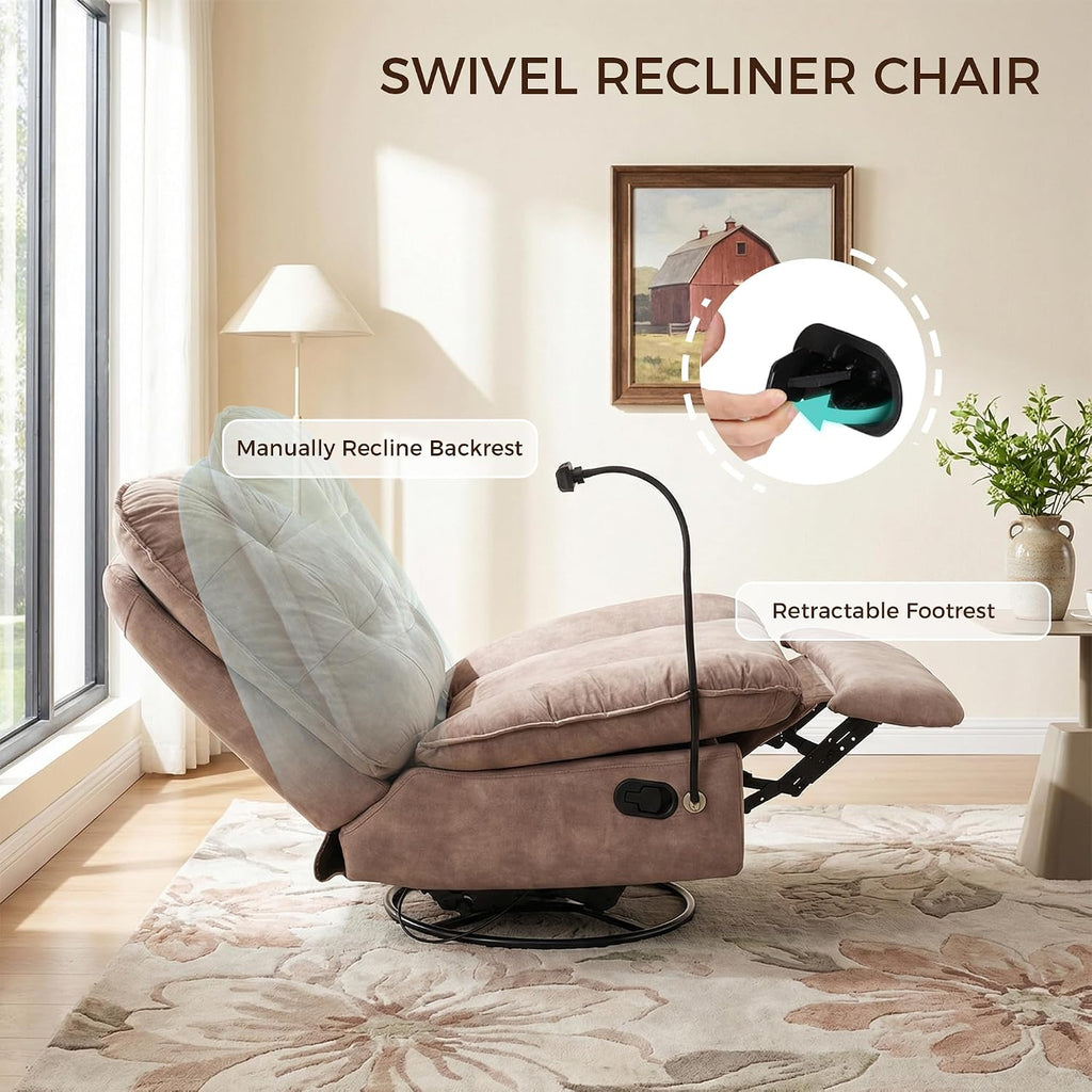Swivel Rocker Recliner Chair for Adult, Glider Nursery Rocking Chair, Armless Manual Single Recliner Sofa for Living Room, Oversized & Overstuffed, Phone Holder Included, Light Brown Velvet