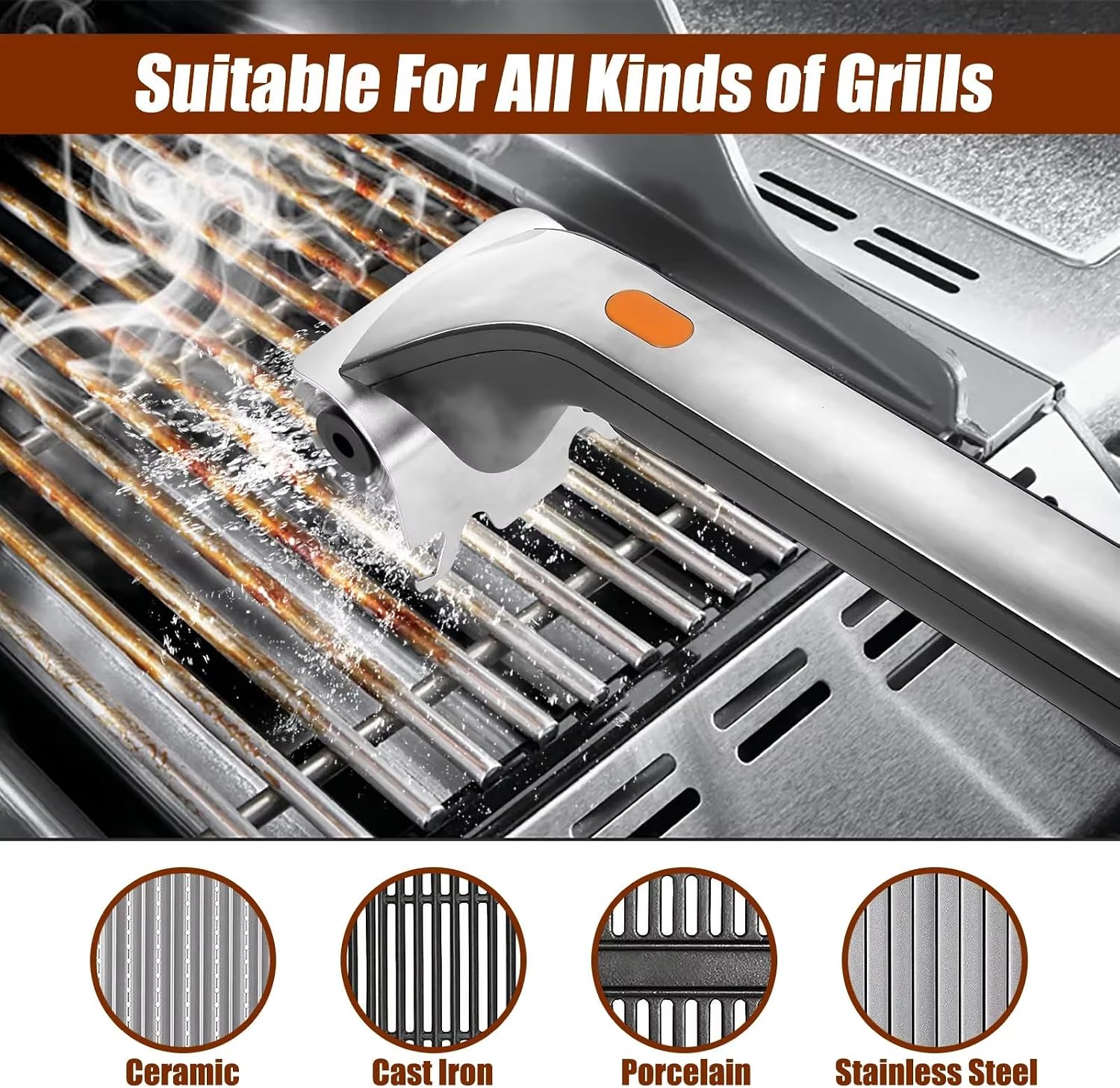 Electric Grill Cleaning Brushes Brush and Scraper with Water Reservoir Steam BBQ Cleaner for Bristles Grill Brush Charcoal Scraper Gas Cook Tool (Battery Model (Without Battery))