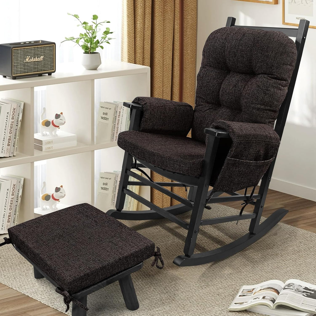 SINOSSO Glider Rocker Cushion Set (5 Pcs), Soft Blended Fabric High-Density Support Foam Seat Cushions with Ties, Fits Rocking Chair/Nursery Glider & Ottoman, Dark Brown