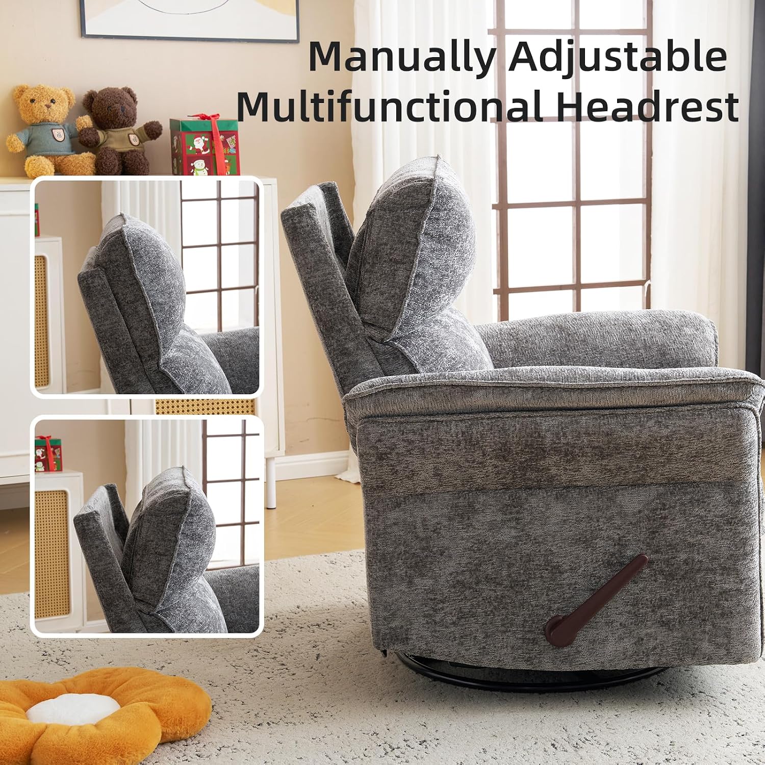 Oversized Glider Rocker Recliner, 26' Extra Wide 360° Swivel Nursery Recliner with Adjustable Headrest, Chenille Rocking Nursery Chair with Overstuffed Armrest, Lumbar Support, Dark Grey