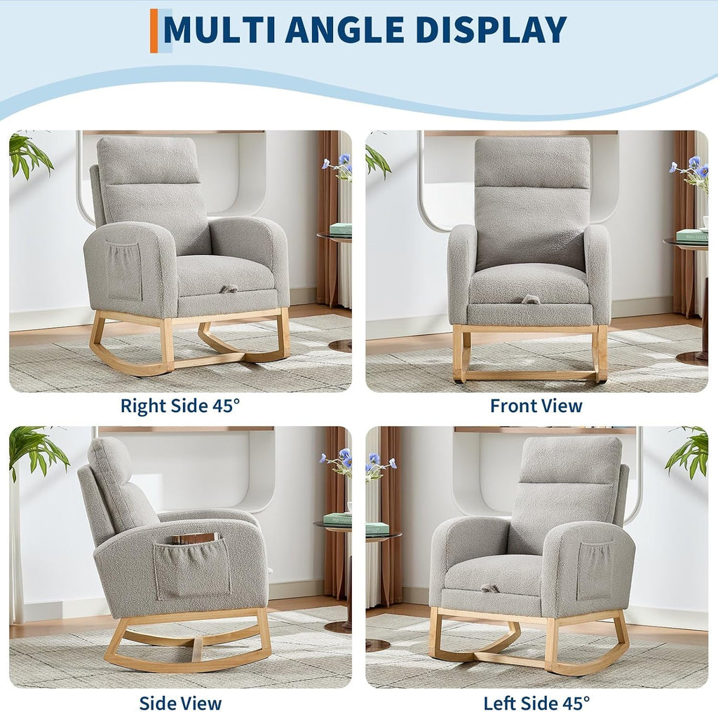 Teddy Fabric Nursery Rocking Chair with Adjustable Footrest, Two Side Pockets & Solid Wooden Legs - High Backrest Comfortable Lounge Armchair for Nursery, Living Room, Bedroom,Gray.