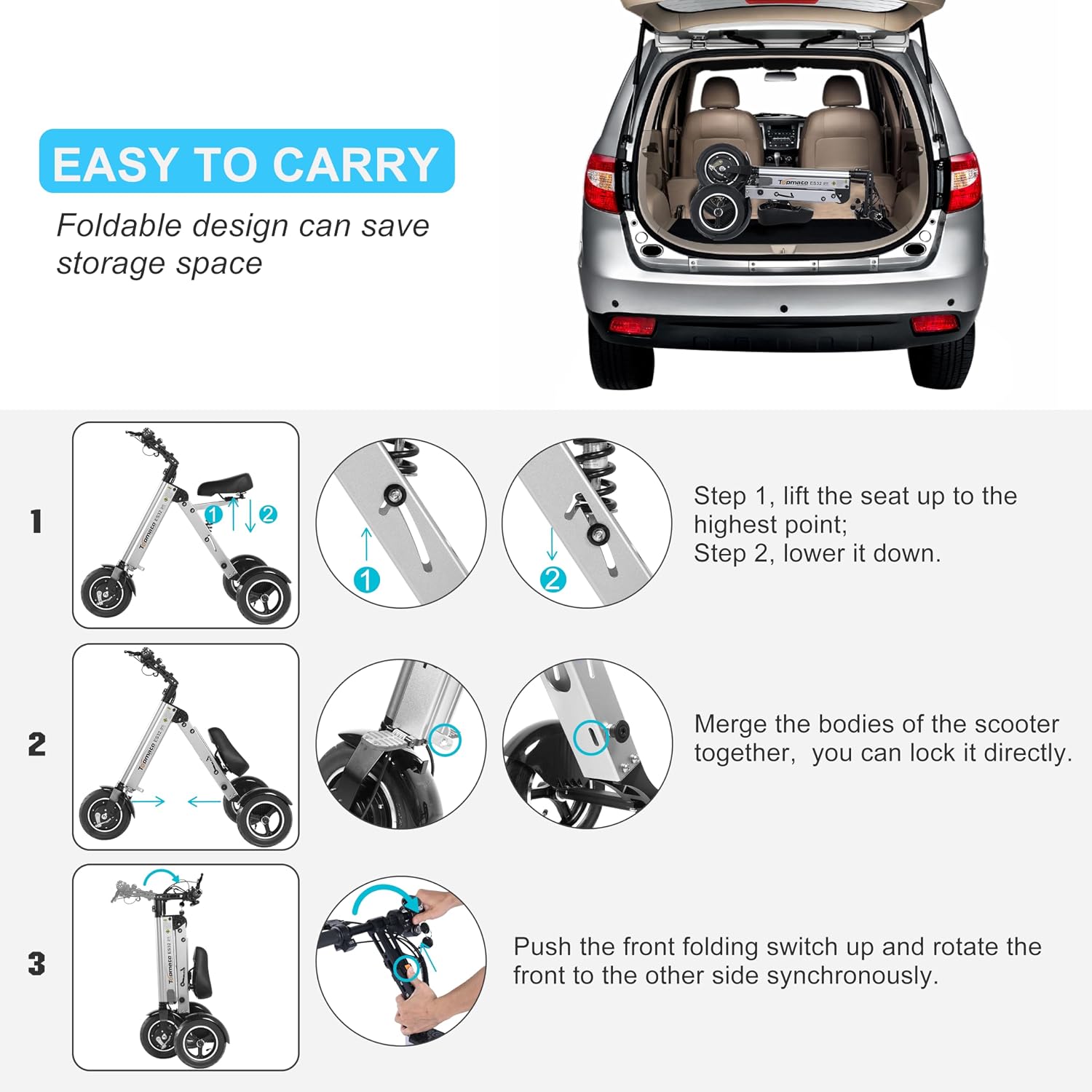 TopMate ES32 Electric Scooter 3 Wheels Foldable with Seat for Adults, Light Weight Mobility with Reverse Function and Key Switch, 10 Inch Pneumatic Tires Scooter