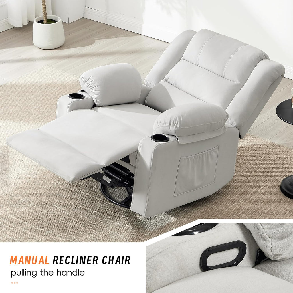 360°Swivel Rocker Recliner Chair for Adults,Manual Glider Recliner Sofa with Massage and Heating, Nursery Rocking Chairs with Cup Holds for Living Room Bedroom (Beige)