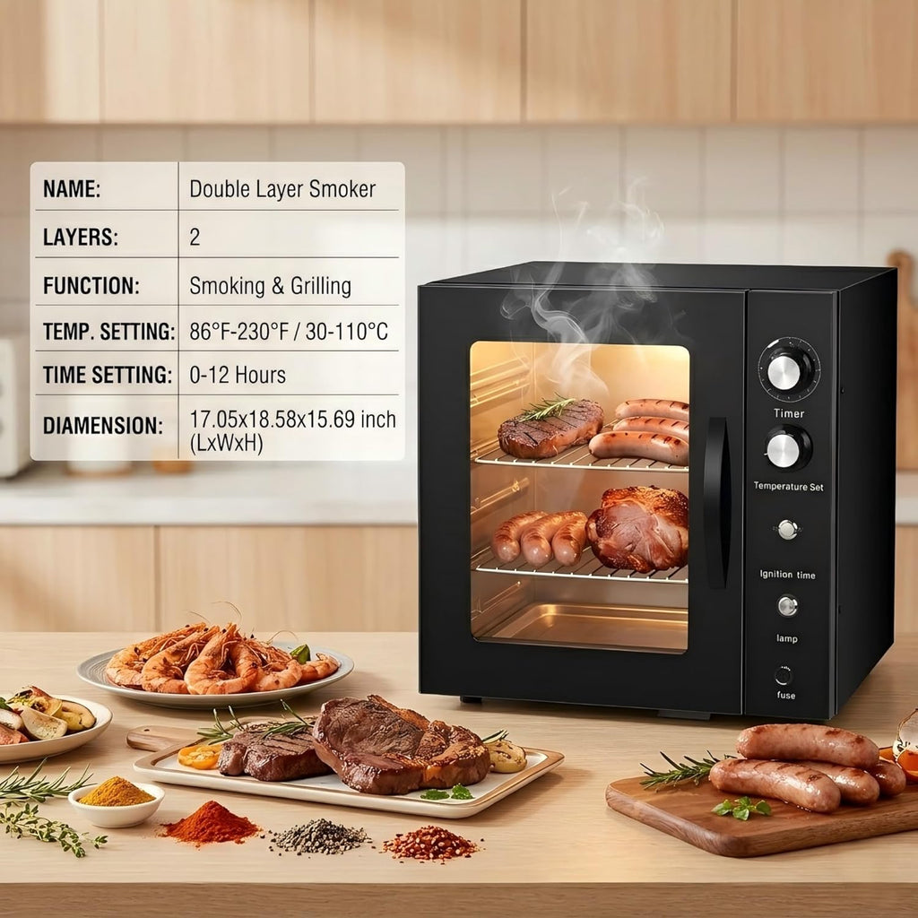 CLIVIA Indoor Pellet Smoker, Electric Indoor Smoker, Countertop 2 Layers BBQ Grill 10L Smoker Oven for Meat, Sausage, Jerky, Beef, Adjustable 86-230°F