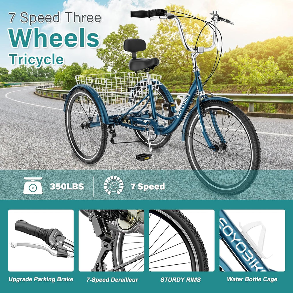 MOPHOTO Adult Tricycle 7 Speed, 20/24/26 Inch Low Step-Through Adult Trike with Large Rear Basket, 350 lbs Capacity 3 Wheel Bike for Seniors, Women and Men