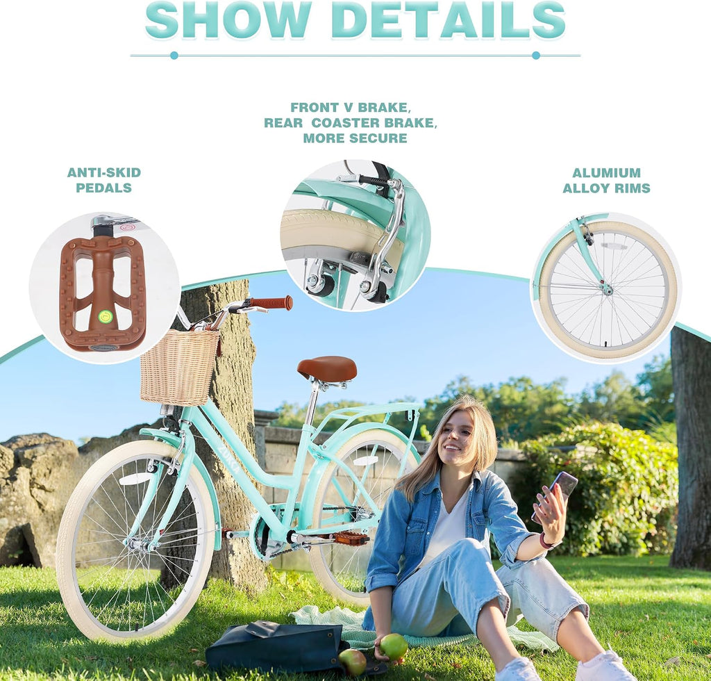 MEGHNA Cruiser Bike 20 inch/24 inch Wheels Girls Women Bike Single Speed Commuter Bike with Basket V-Brake and Coast Brake Women Ladys Bicycle, Multicolors