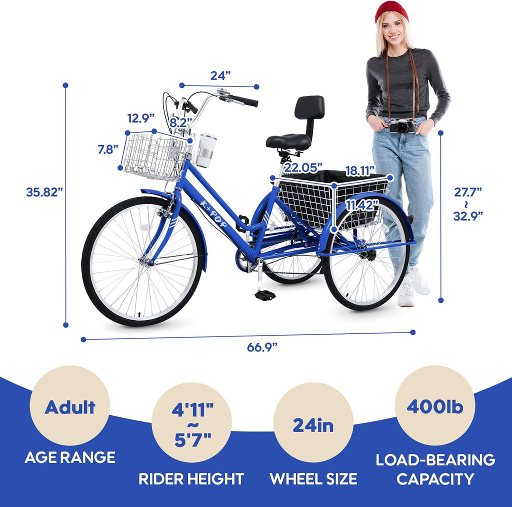 24/26 Inch Tricycle for Adults, 7 Speed Beach Cruiser Bike Adult Tricycles for Women Men, 3 Wheel Bikes for Adults Large Seat with Backrest, Three Wheel Bikes with Front & Rear Baskets