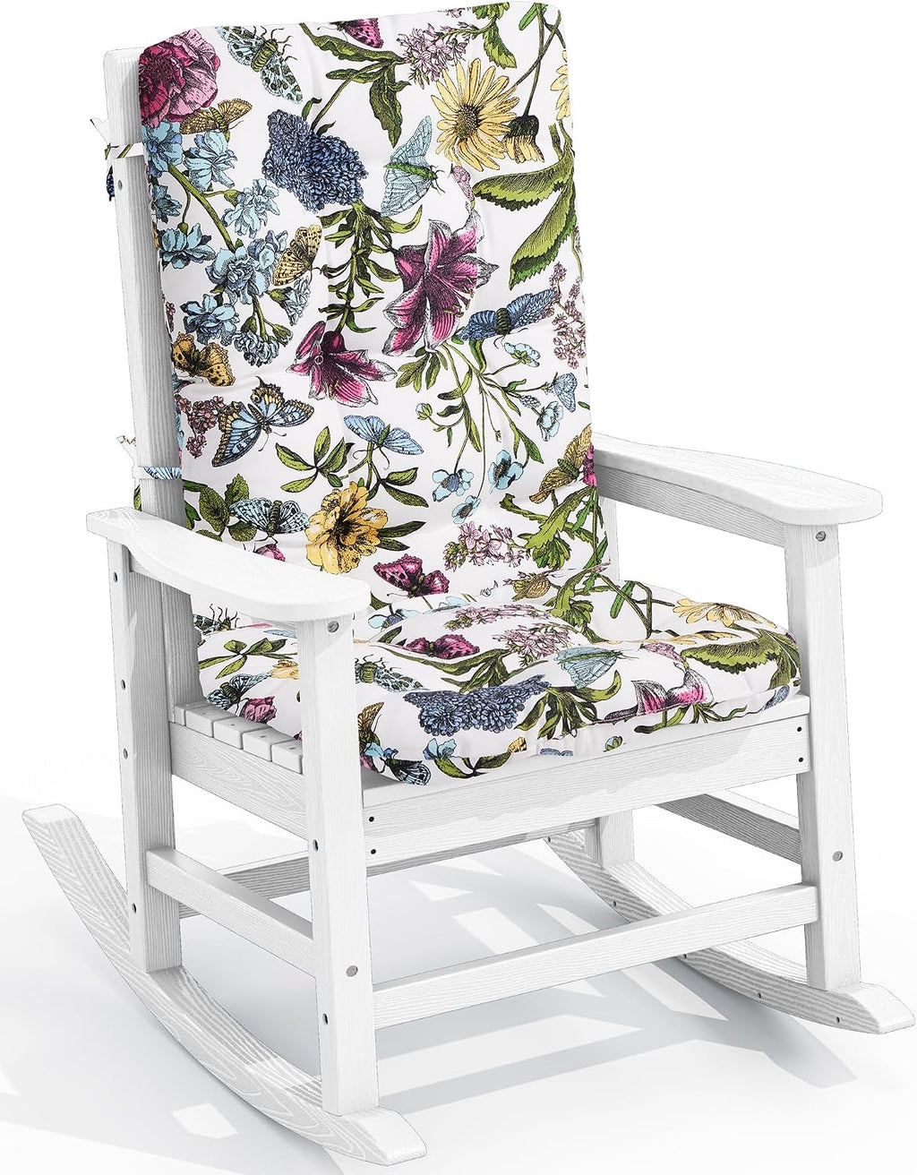 SERWALL SEWALL Oversized Outdoor Rocking Chair with Cushion, Patio Rocking Chairs for Porch, White HDPR Rocker+Flower Cushion