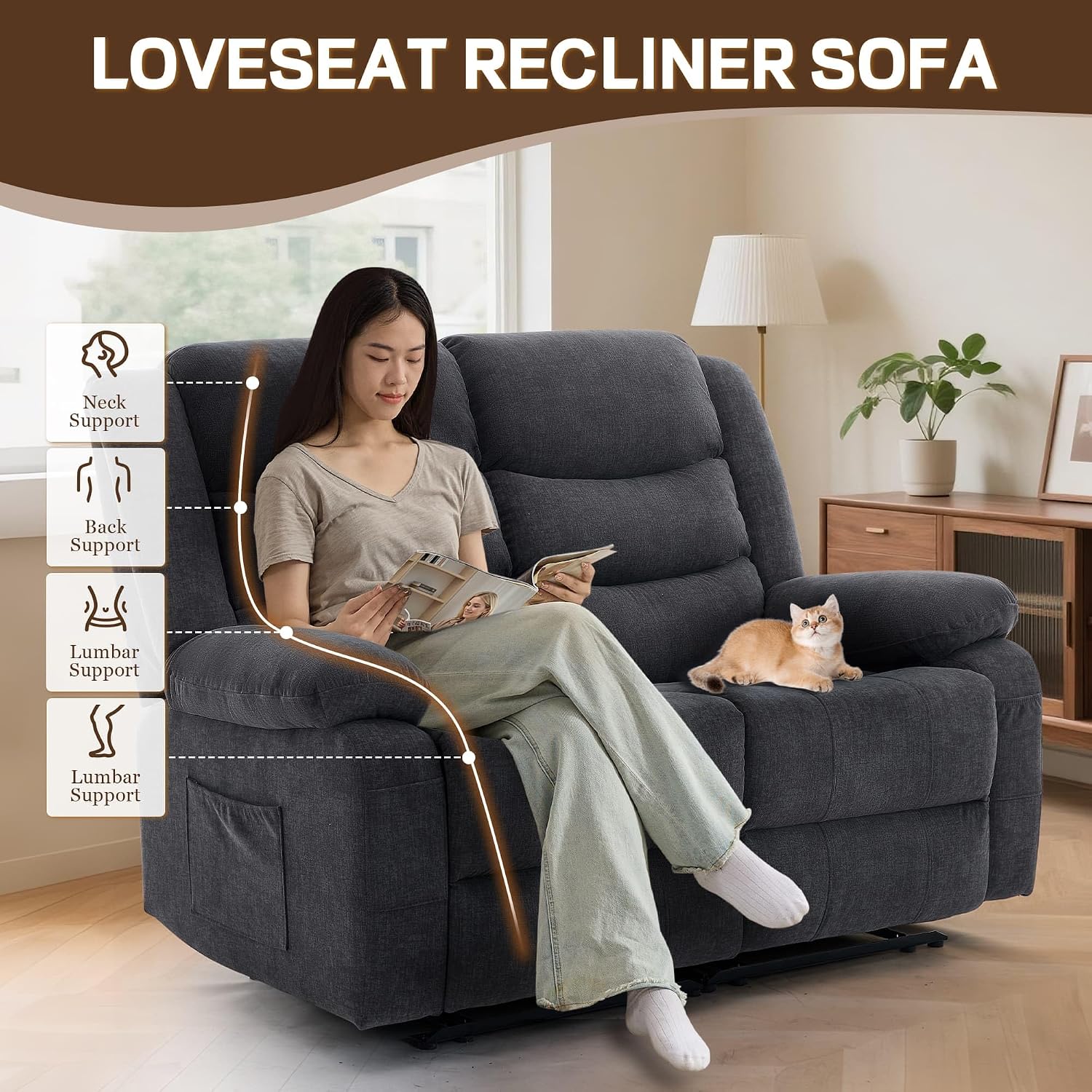 Korser Loveseat Recliner Sofa for RV Furniture and Theater Seating, Wall Hugger Loveseat Recliner, Oversized Loveseats Couch with Front Porckets&Side Pockets, Fabric, Grey