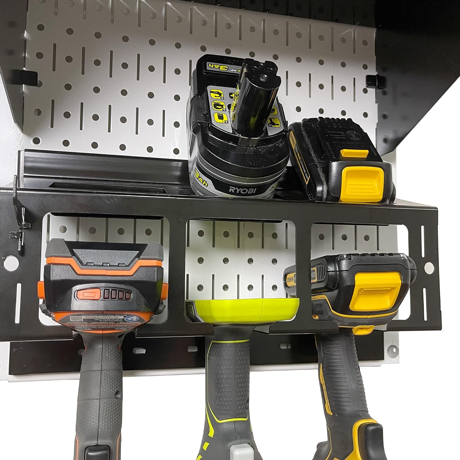 Wall Control Power Tool Storage Organizer Kit Cordless Drill Holder Charging Station Rack 16' x 32' Metal Pegboard Organization System (Pink Pegboard)