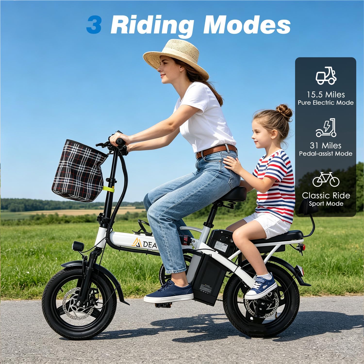 Mdeam Foldable Electric Bike,500W Motor Compact Adults Commute Ebike 20 MPH Max Speed,30+ Miles Folding Electric Bicycle with Passenger Seat,14' Mini E-Bike 2 Seater for Adults/Teens