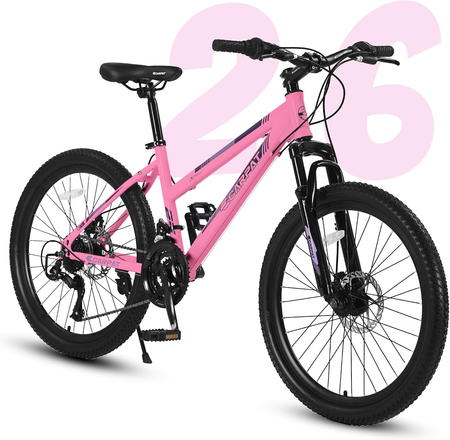 Ecarpat 24 26 Inch Mountain Bike for Girls, 21 Speeds Steel Frame Girls Bike, Front Suspension Teens Sport Bicycle for School Short Trip Camping, Summer Gift for Girls, Pink Purple White Options