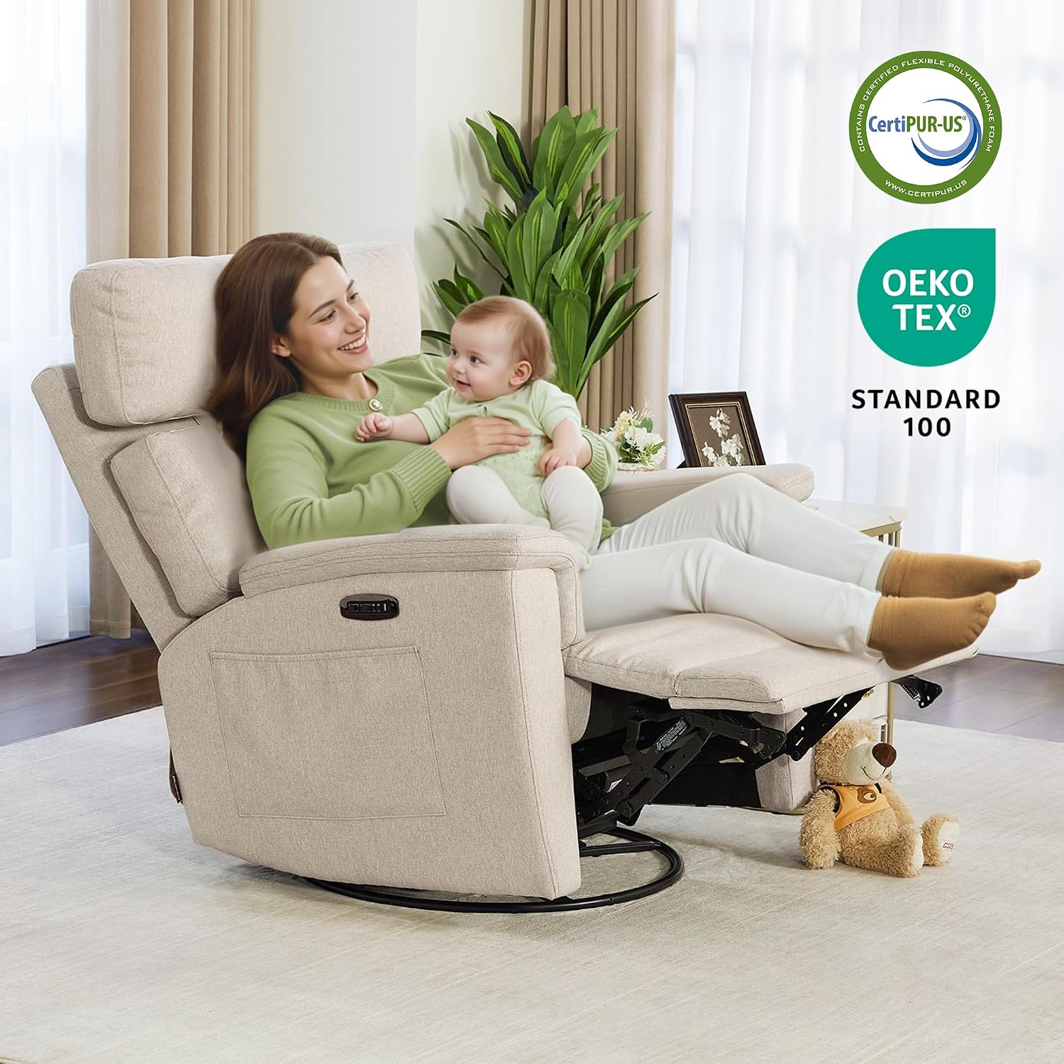 MCombo Oversized Swivel Glider Rocker Recliner with Adjustable Headrest, Dual Motor Power Recliner for Nursery, Led Nightlight, Fabric PR601 (Beige)