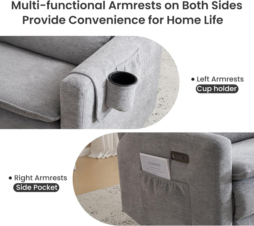 Power Recliner Chair,Oversized Swivel Rocker Recliner with Adjustable Headrest,Nursery Rocking Chair with Lumbar Cushion for Living Room,Grey