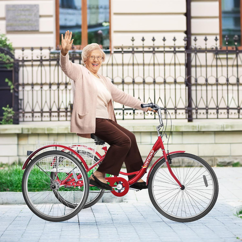 Outroad Adult Tricycle, 24/26 inch 1 Speed Cruiser Trike, 3 Wheel Bikes with Large Basket for Seniors, Women, Men, Adult Trikes for Shopping Picnic Outdoor Sports,Red Blue