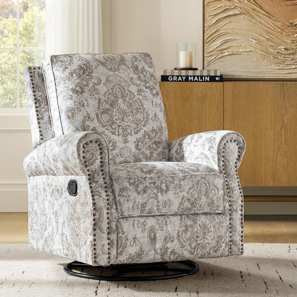 HULALA Home Modern Rocker Recliner, Printed Fabric Swivel Glider with Adjustable Backrest & Footrest, Beige