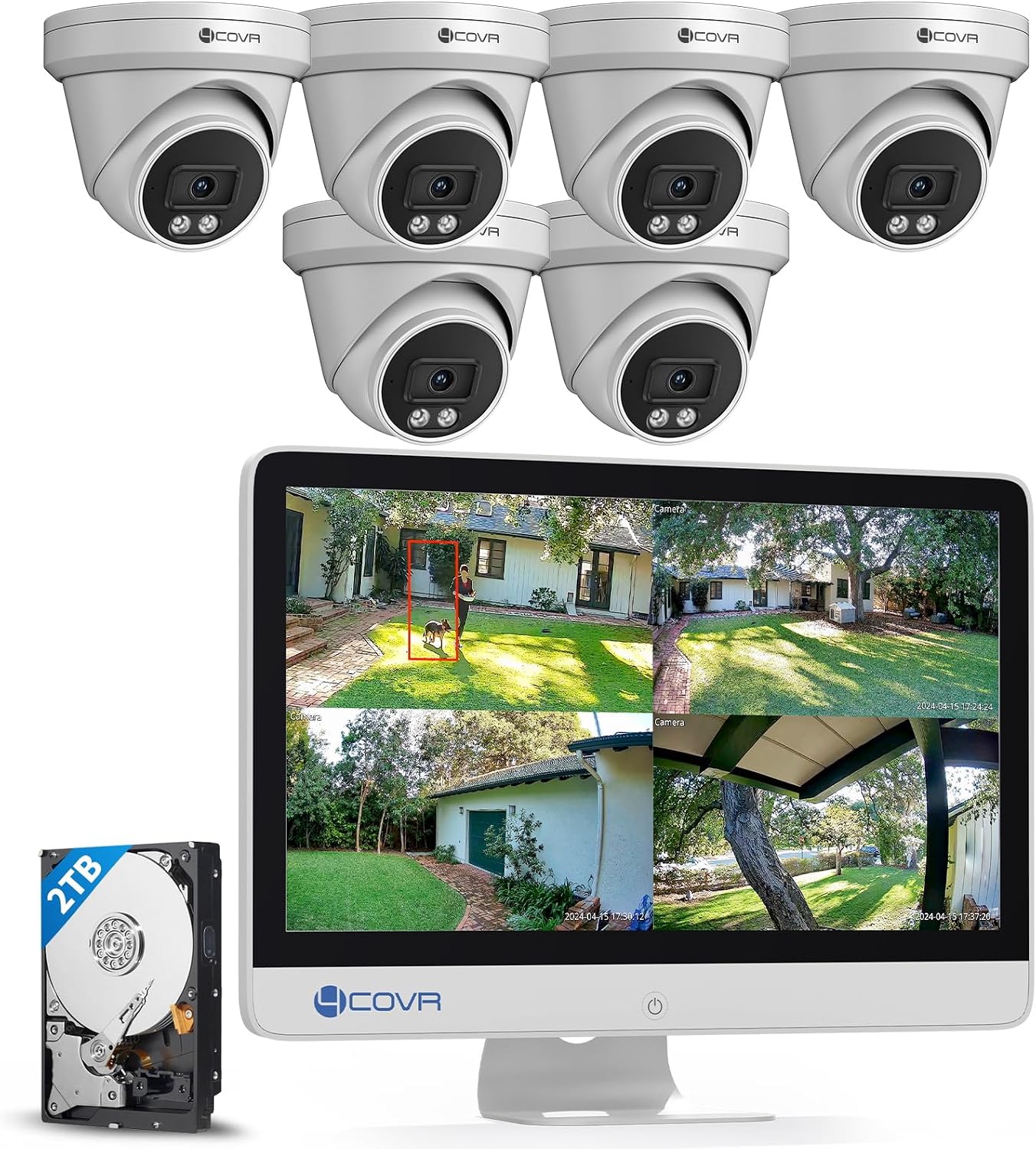 4COVR PoE Security Camera System with Monitor, AI Human/Vehicle Detection, 8CH 8MP NVR with Monitor Pre-Installed 2TB HDD, 6X 5MP Wired Dome IP Home Camera IP67 Night Vision, LY97SA5MU806
