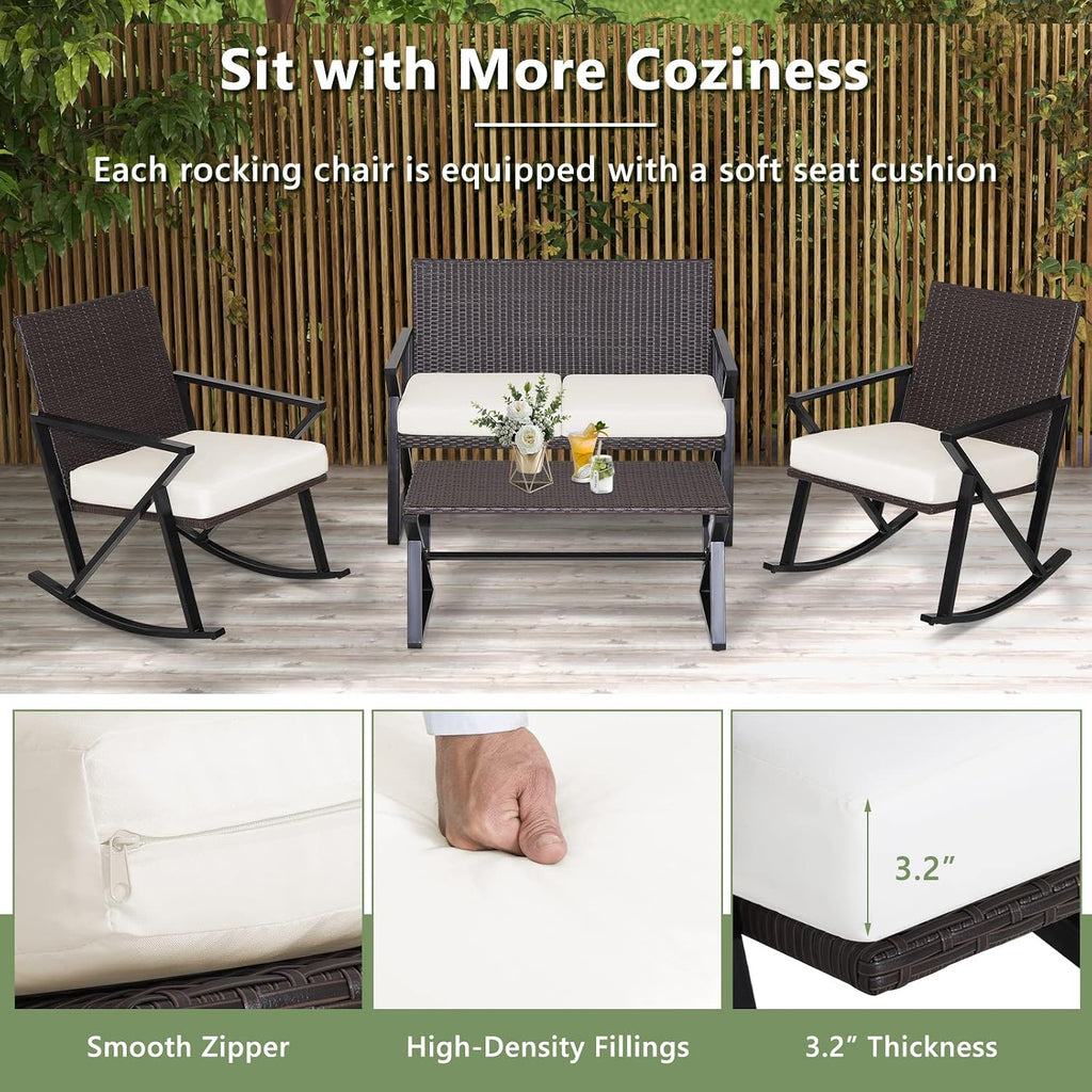 Tangkula 4 Piece Patio Rocking Furniture Set, Patiojoy Heavy Duty PE Wicker Loveseat with 2 Rocking Chairs & 1 Coffee Table, Outdoor Rattan Conversation Set for Porch, Poolside, Balcony