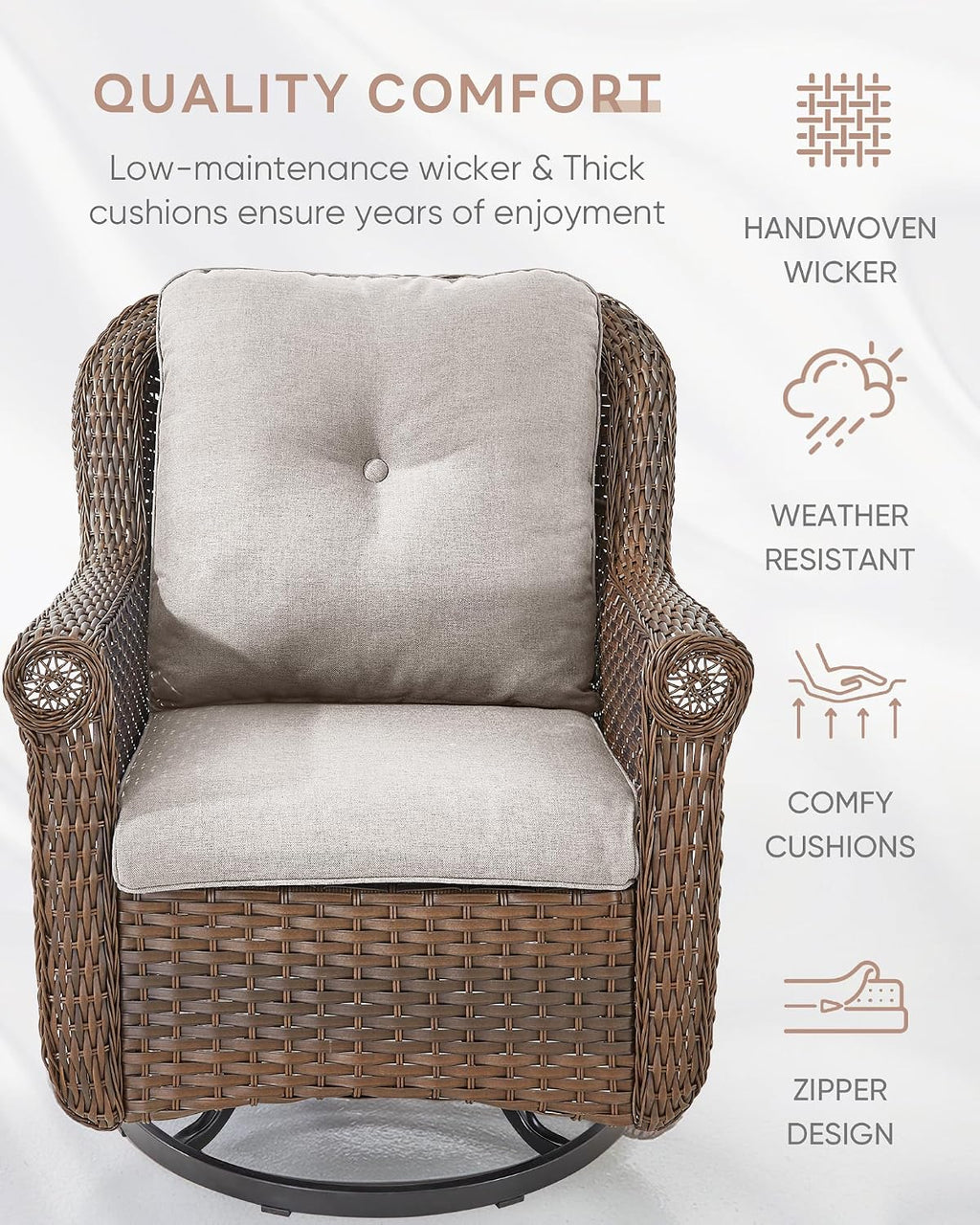 Patio Chairs Outdoor Swivel Glider - Set of 2 High Back Outside Brown Wicker Rattan Rocking Chair with Thick Cushion for Porch Apartment Deck Yard Poolside Garden - Beige