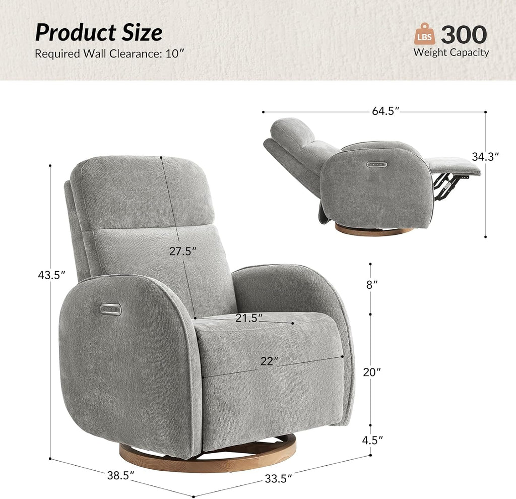 HULALA HOME Glider Recliner Nursery Chair with Adjustable Headrest and Lumbar Support, Modern Power Recliner with USB Port and Nightlight, Swivel Rocker Glider for Nursing Room Bedroom, Grey